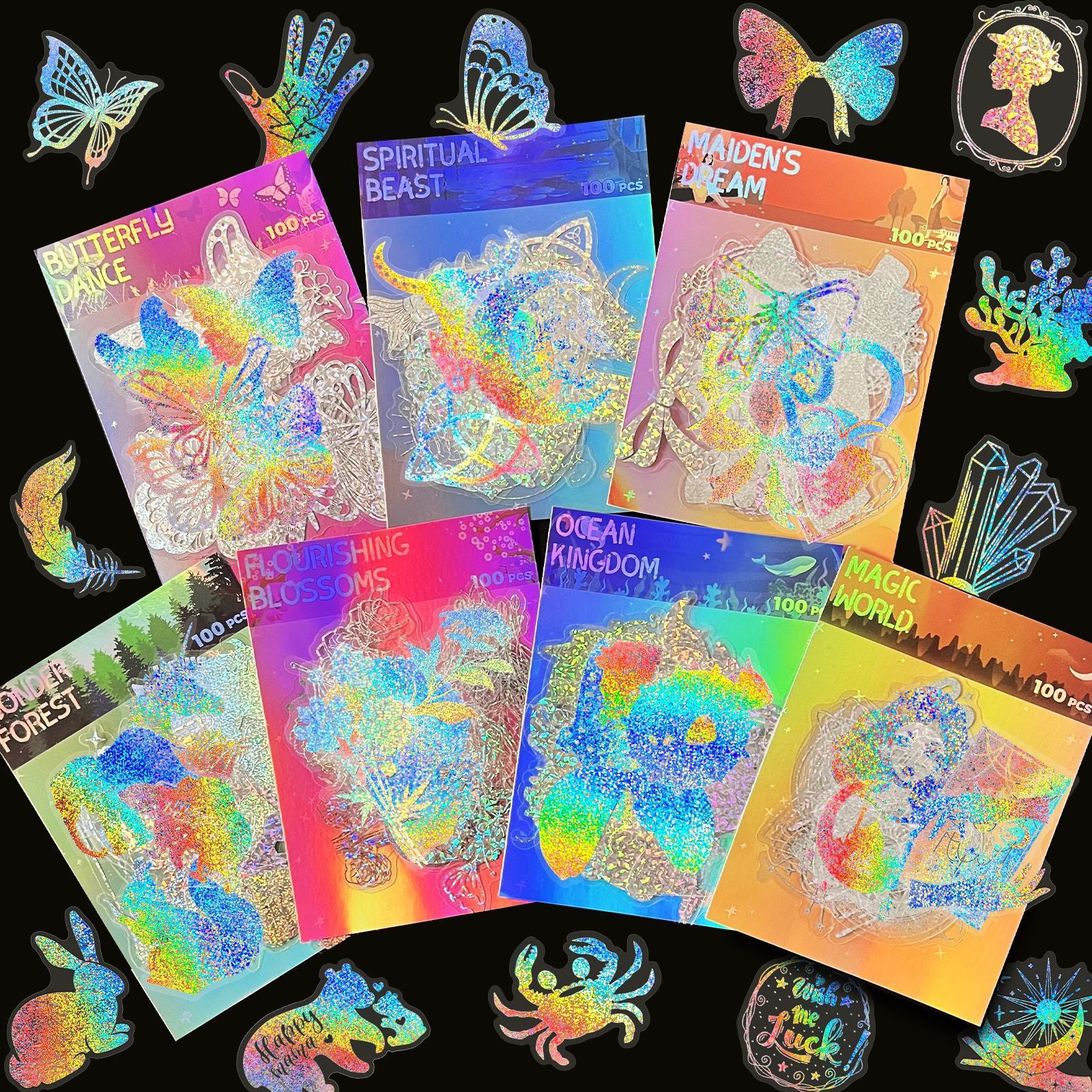 Retro Laser PET Stickers – Transparent Holographic, 100 Pcs - ViktaShop