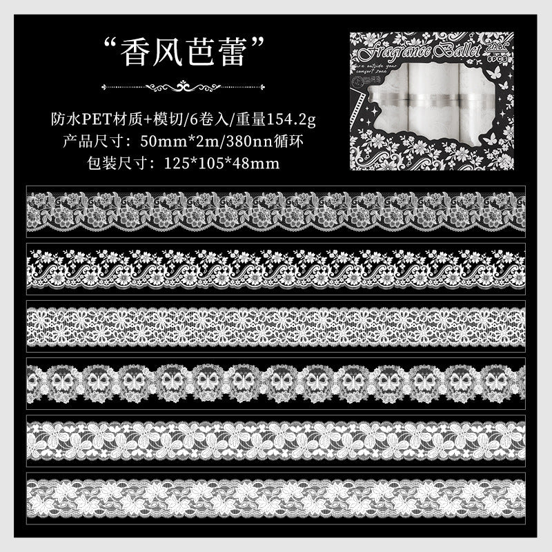 Lace Theme Handbook Black and White Pet tape set 6 Pcs