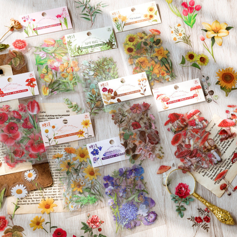 Flower PET Stickers – Floral Themed Stickers, 40 Pcs - ViktaShop