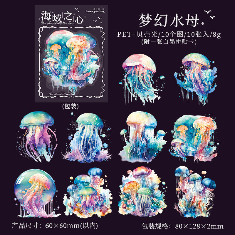 Sea Heart Series PET Stickers, Ocean Theme, 10 Pcs - ViktaShop