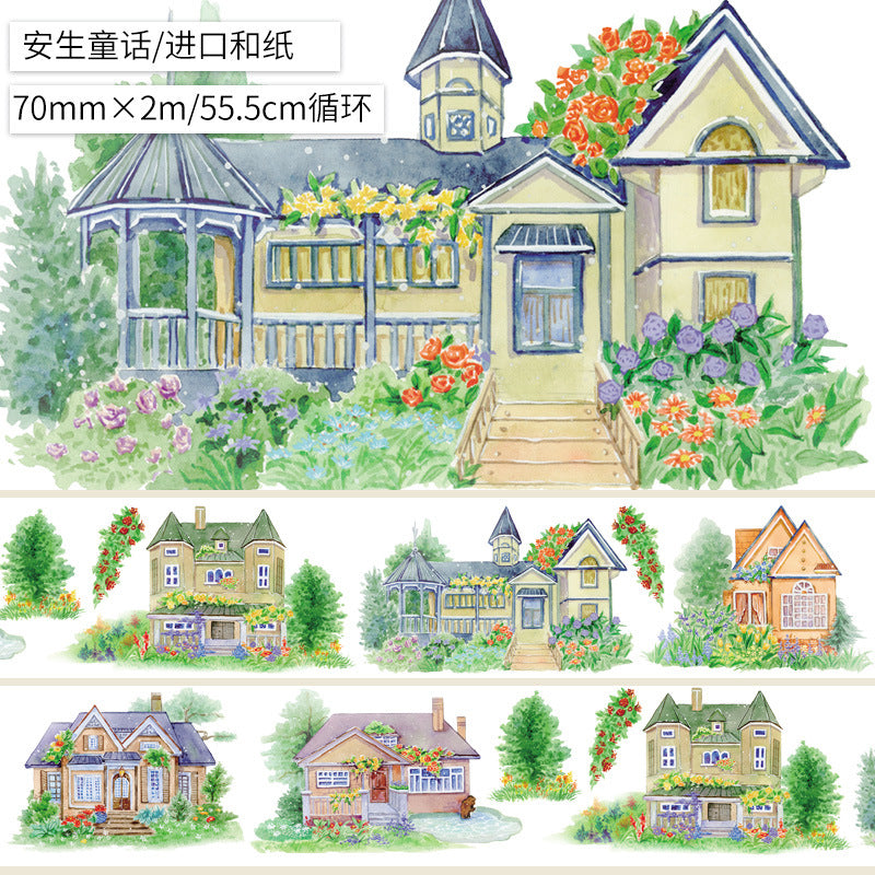 Cartoon Cute House Building Landscape Tape – Sticker Collage, 2m - ViktaShop