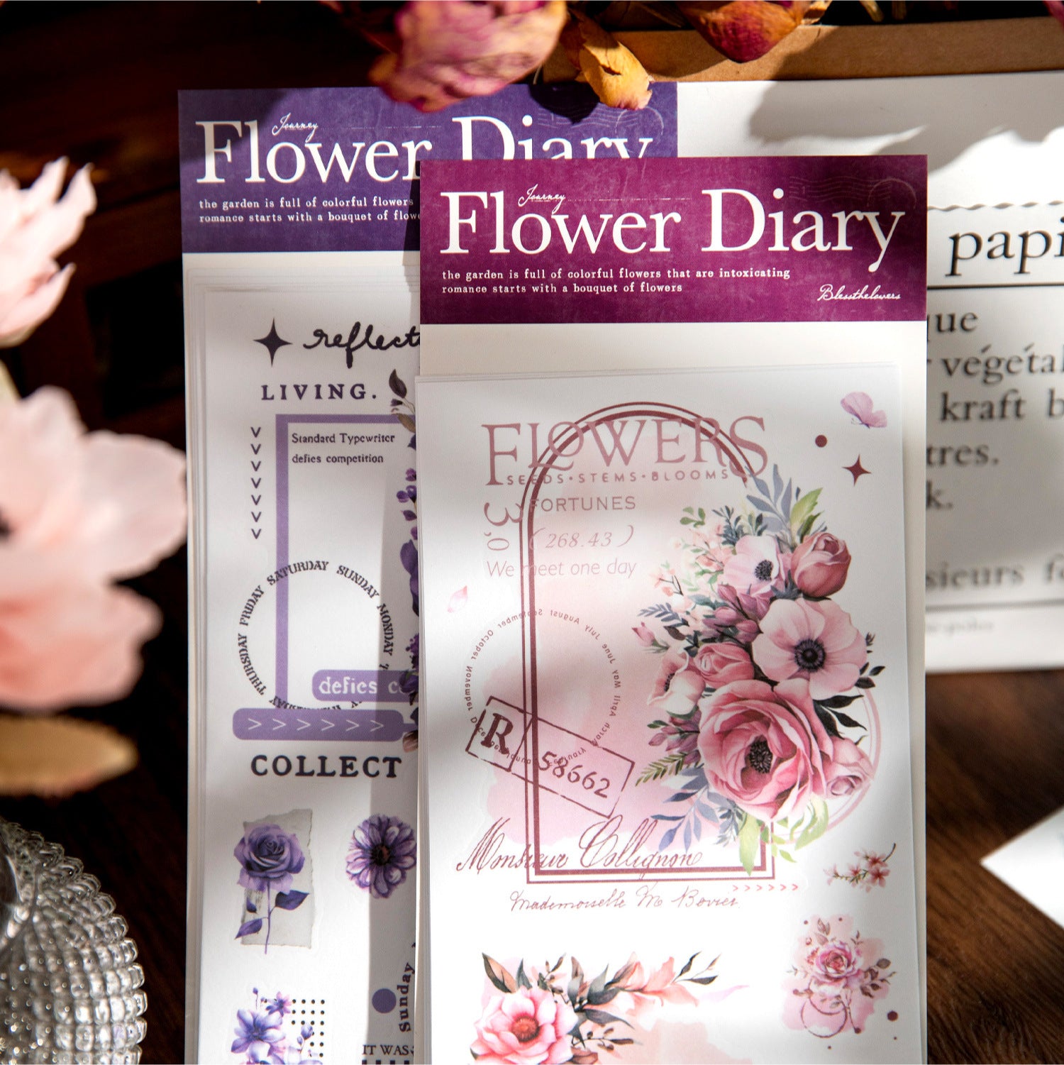 Sticker Pack - Flower Diary Series, Flowers and Border, 6 Pcs