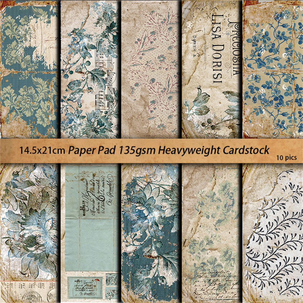 Blue Floral Retro Collage Paper Pack – European & American Style, 10 Sheets - ViktaShop