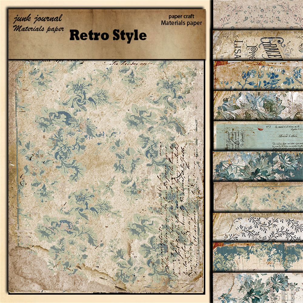 Blue Floral Retro Collage Paper Pack – European & American Style, 10 Sheets - ViktaShop