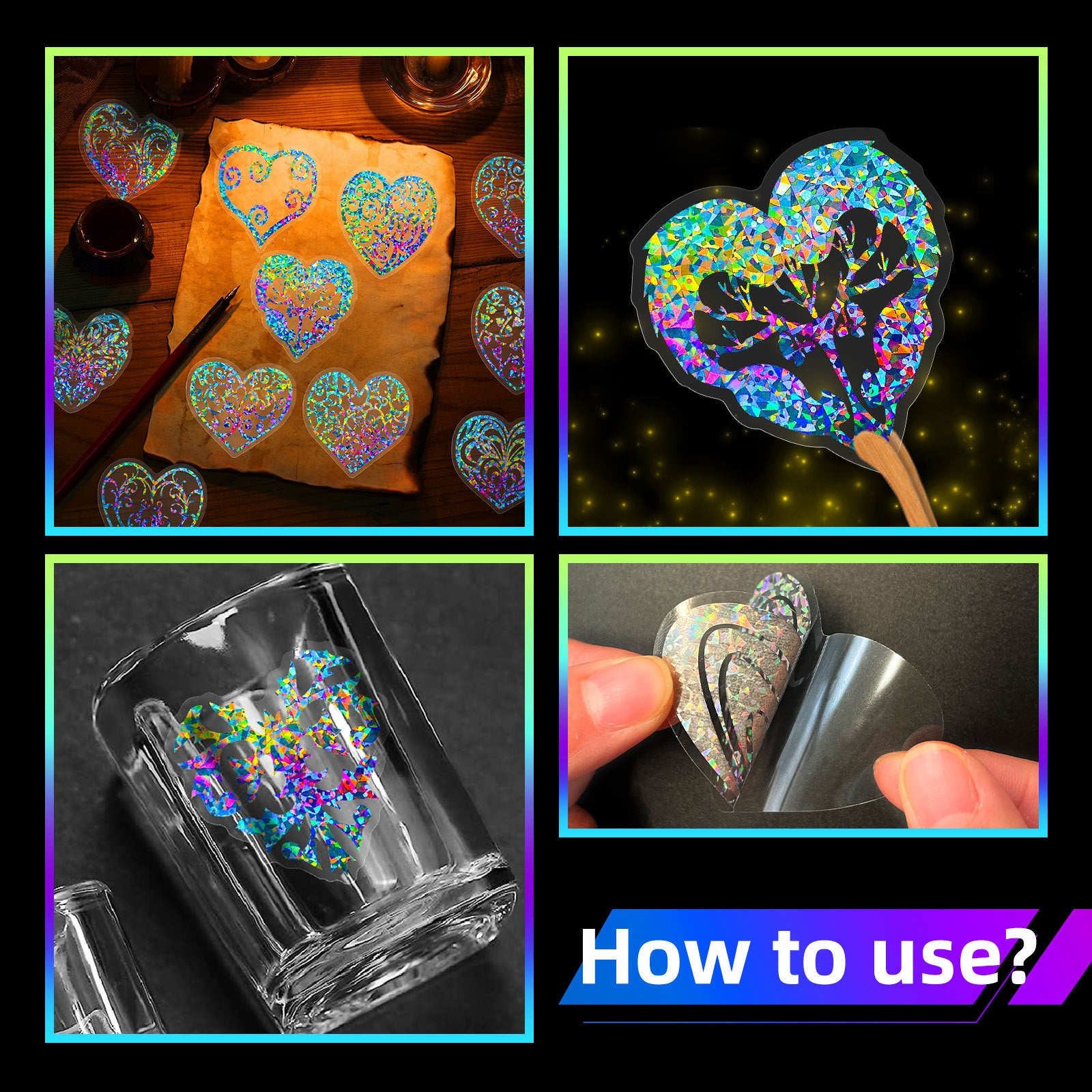 Transparent Laser Love PET Stickers – Colorful Flowing Heart Series, 50 Pcs - ViktaShop
