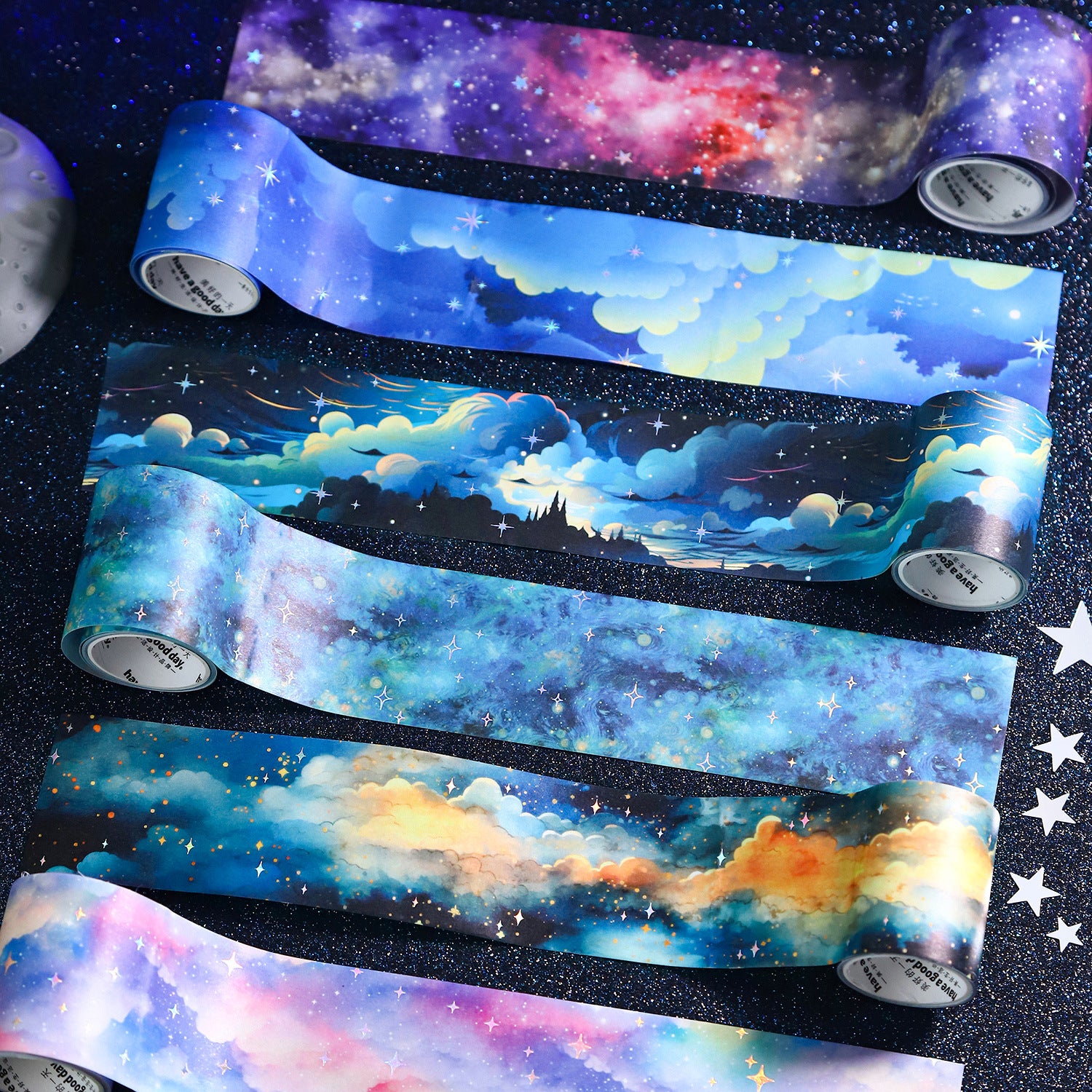 Starry Dream Washi Tape – Laser Silver Starry Sky, Landscape Theme, 2m - ViktaShop