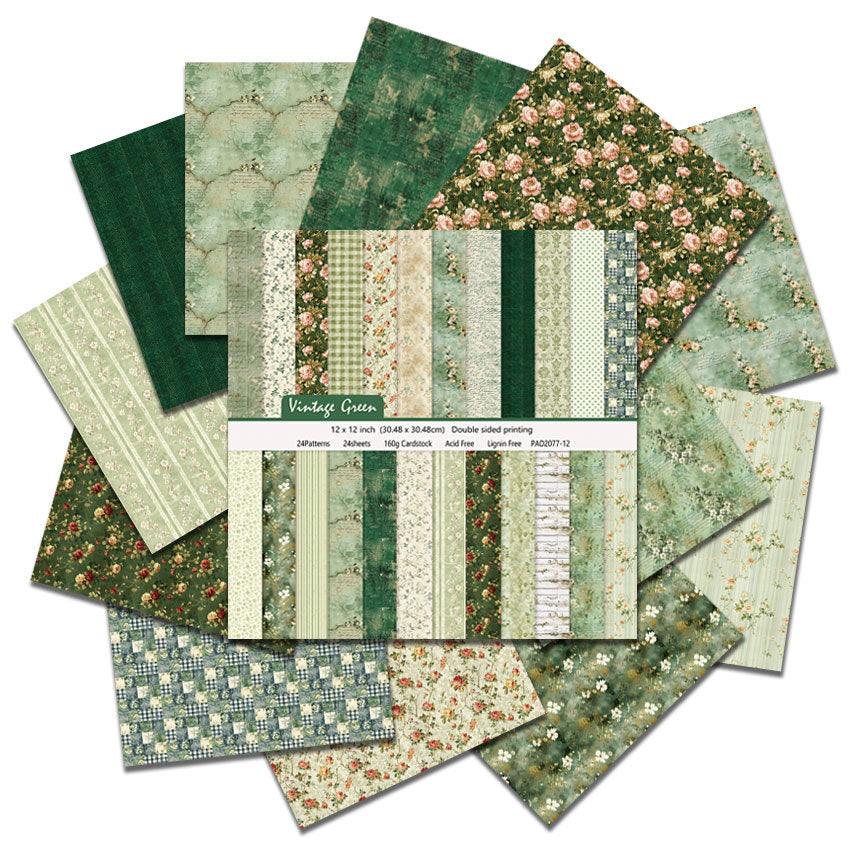Vintage Green DIY Photo Album Scrapbook Double-Sided Pattern Paper - 24 Sheets - ViktaShop