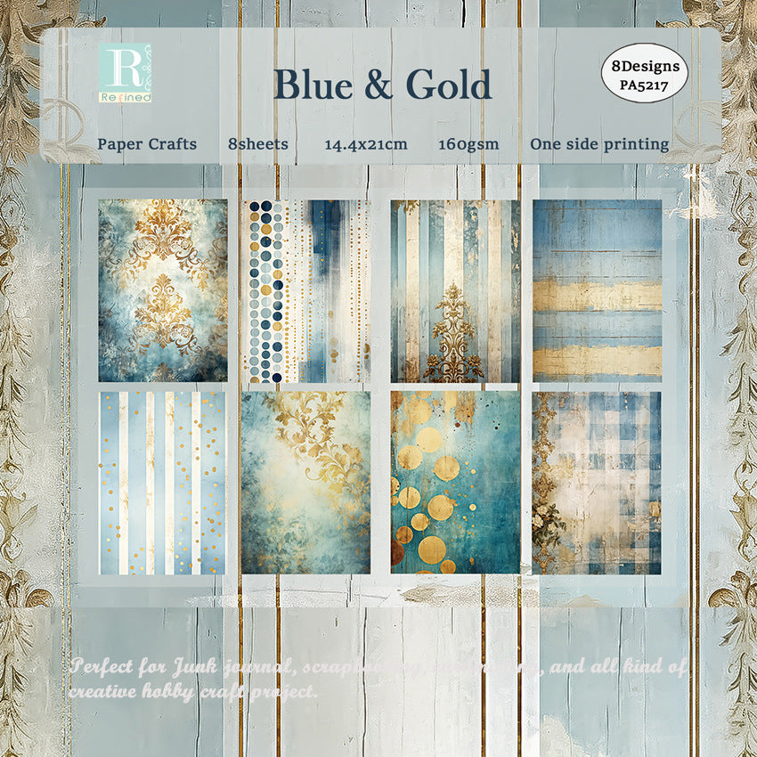 Blue & Gold DIY Album Scrapbook A5 Pattern Paper - 8 Sheets - ViktaShop