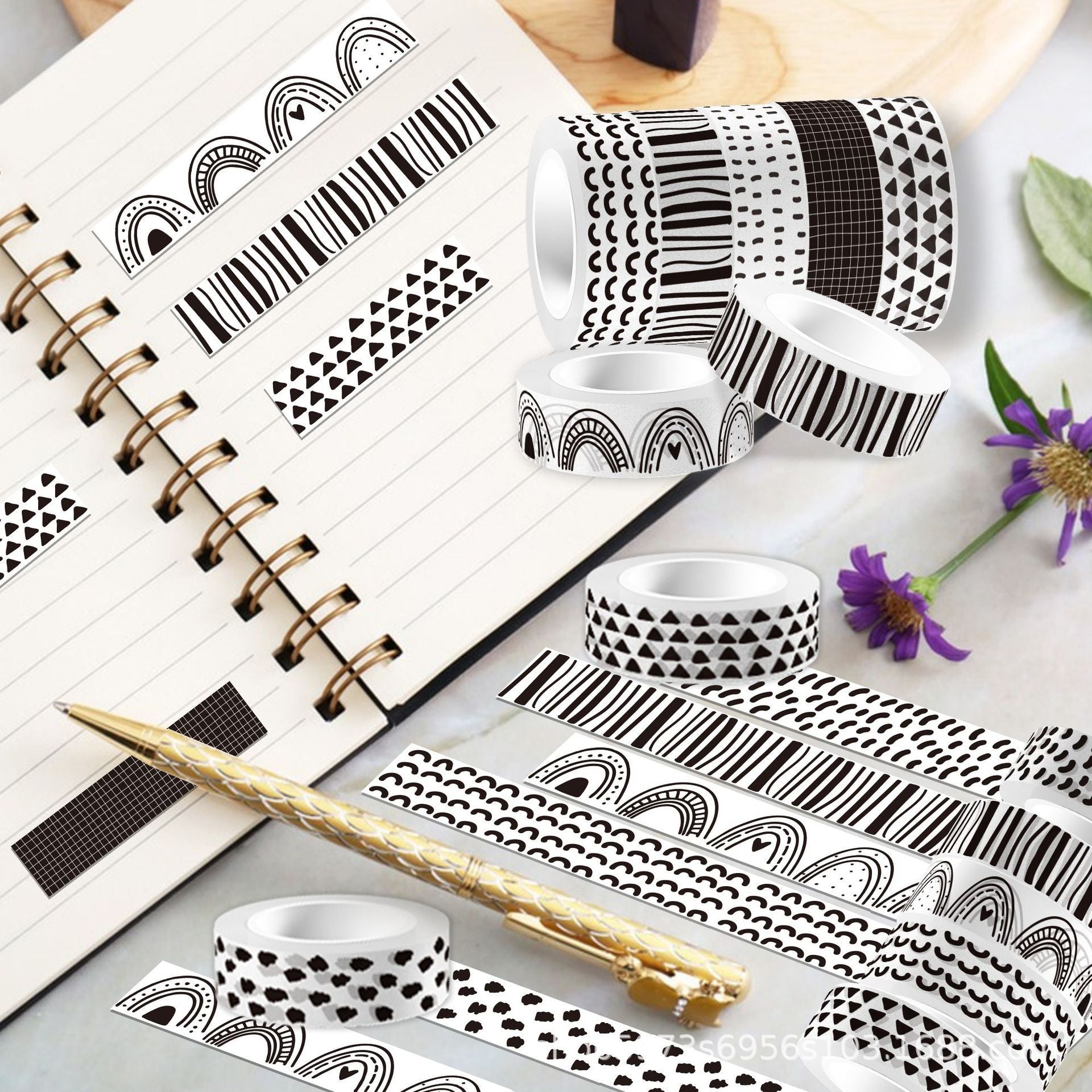 Bohemian Rainbow Washi Tape – Black & White Transparent Roll, 5m - ViktaShop