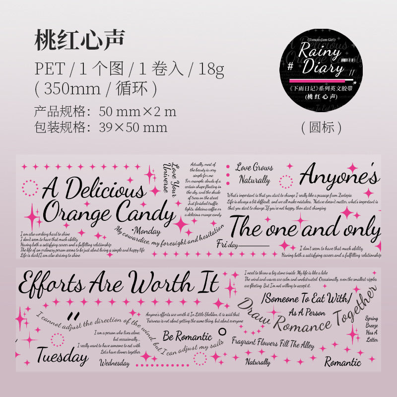 Rain Diary – PET Tape, English Text Plain Series, 2m - ViktaShop