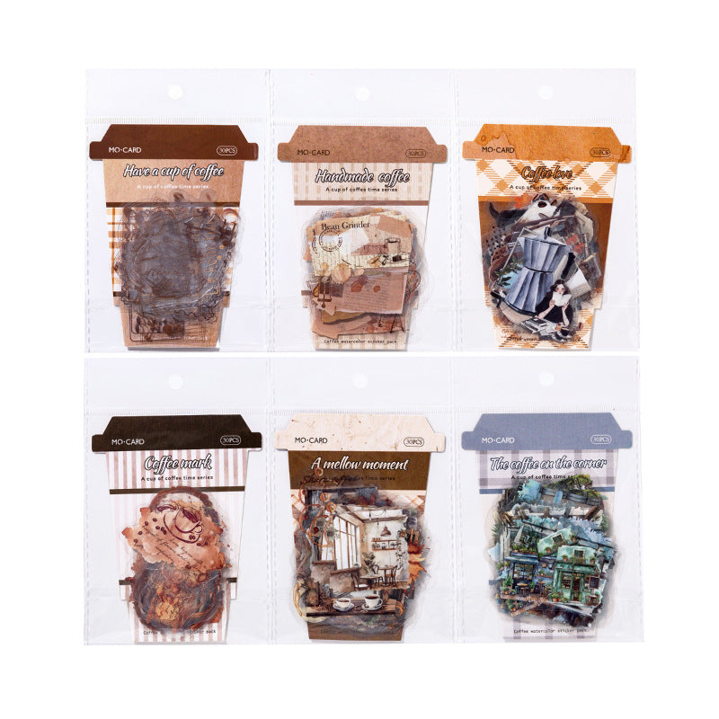 A Cup of Coffee Time Series PET White Ink Sticker Pack, 30 Pcs - ViktaShop