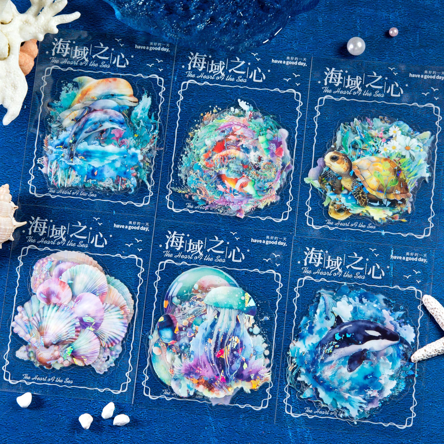Sea Heart Series PET Stickers, Ocean Theme, 10 Pcs - ViktaShop