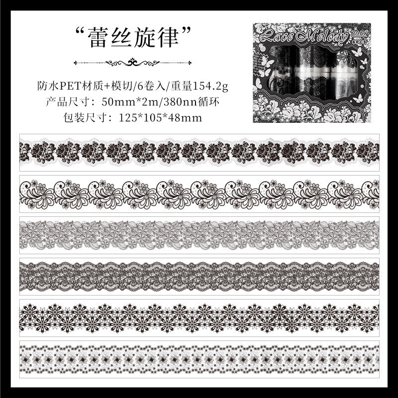 Lace Theme Handbook Black and White Pet tape set 6 Pcs