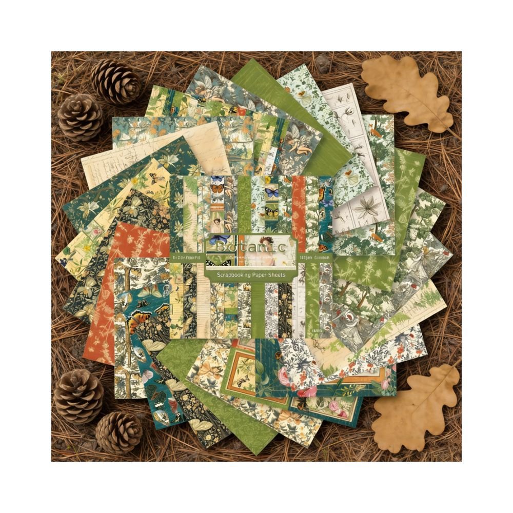 Botanic material paper 24 Sheets 15cm x 15cm - ViktaShop