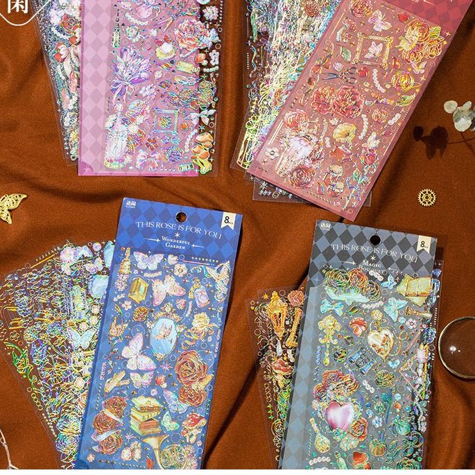 Dreamy Rose Garden Series Butterfly and Flower PET Stickers 4 designs 8 Pcs - ViktaShop