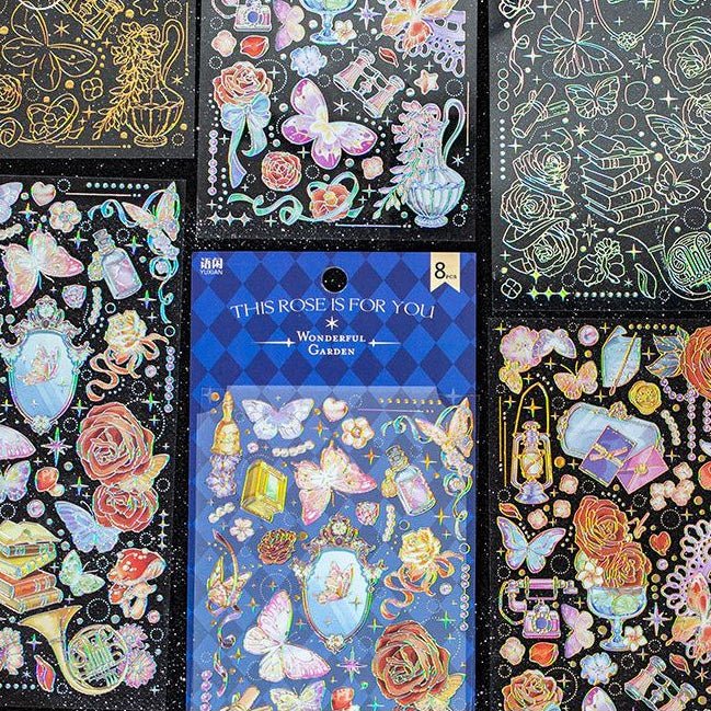 Dreamy Rose Garden Series Butterfly and Flower PET Stickers 4 designs 8 Pcs - ViktaShop