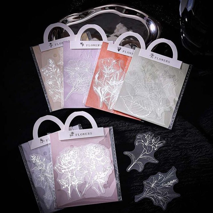 Elegant Floral Series Silver PET Stickers 6 Styles 10 Pcs - ViktaShop
