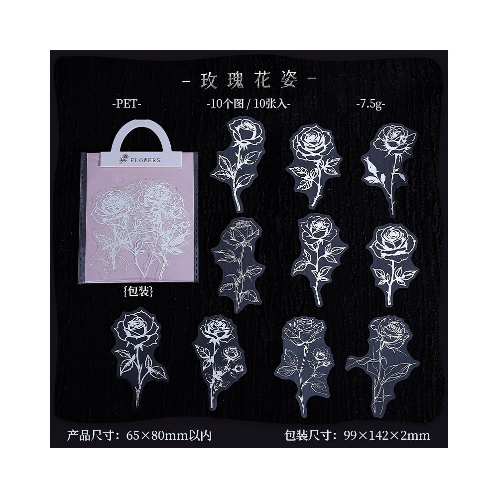 Elegant Floral Series Silver PET Stickers 6 Styles 10 Pcs - ViktaShop
