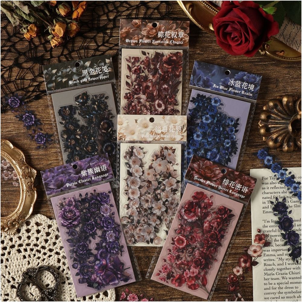 Floral Art Series Retro PET Stickers 15 sheets 6 designs - ViktaShop