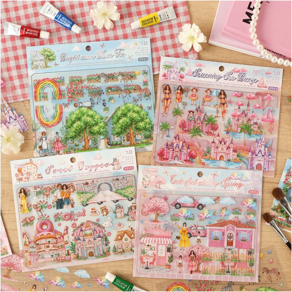 Floral Path Fantasy Journey Series PET Stickers 3 Sheets 4 Designs - ViktaShop