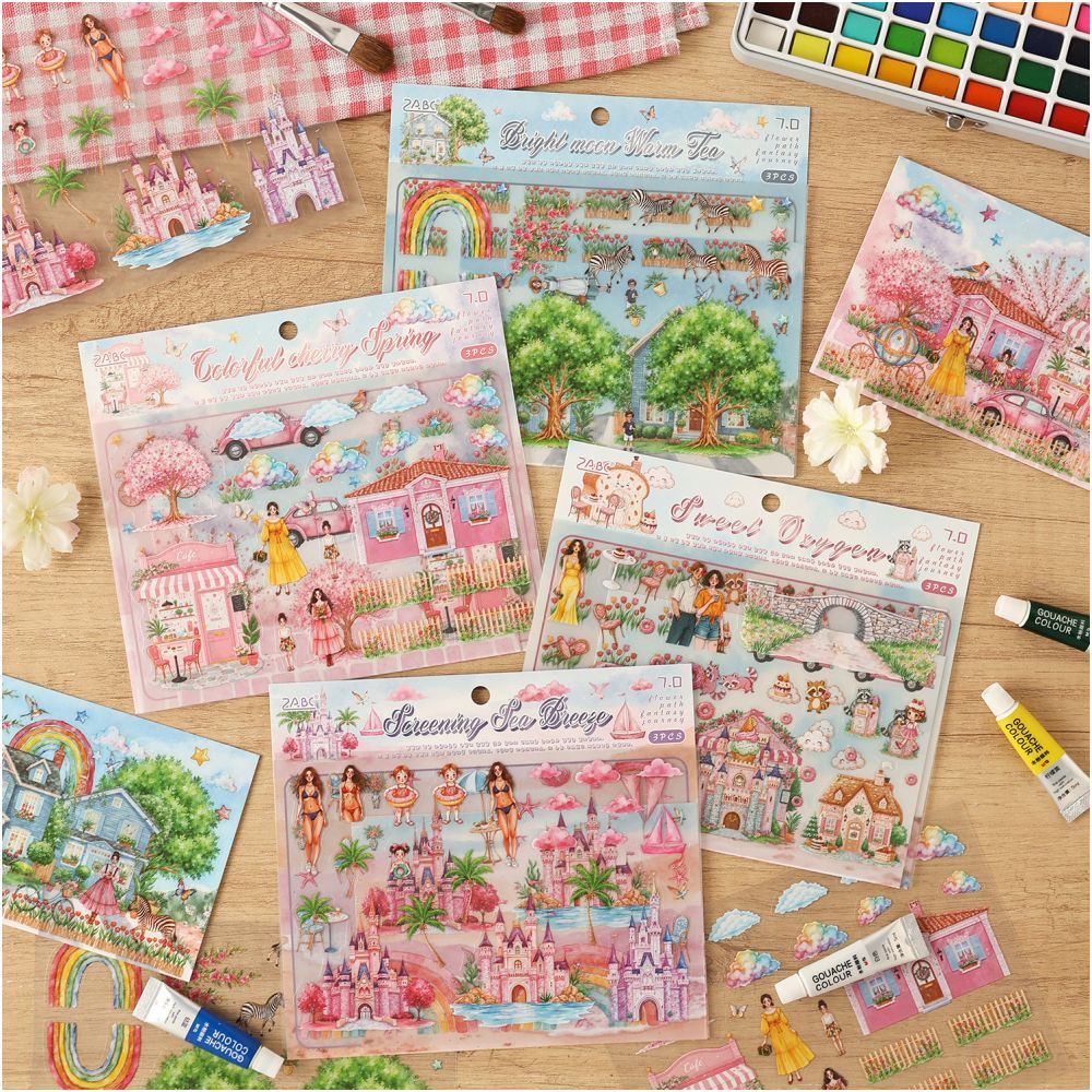 Floral Path Fantasy Journey Series PET Stickers 3 Sheets 4 Designs - ViktaShop