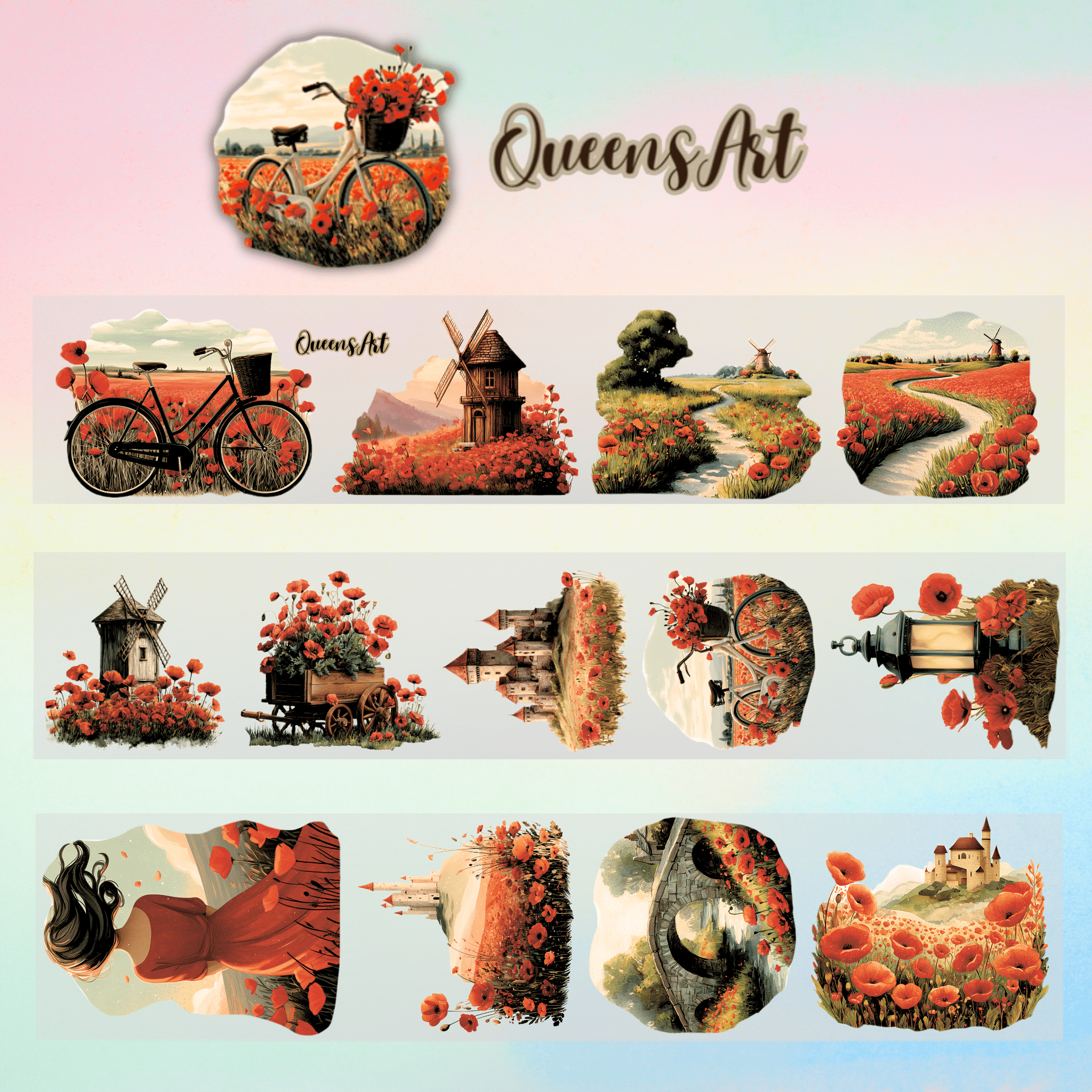 Queens Art Poppy field landscape PET tape 8cm x 125cm - ViktaShop