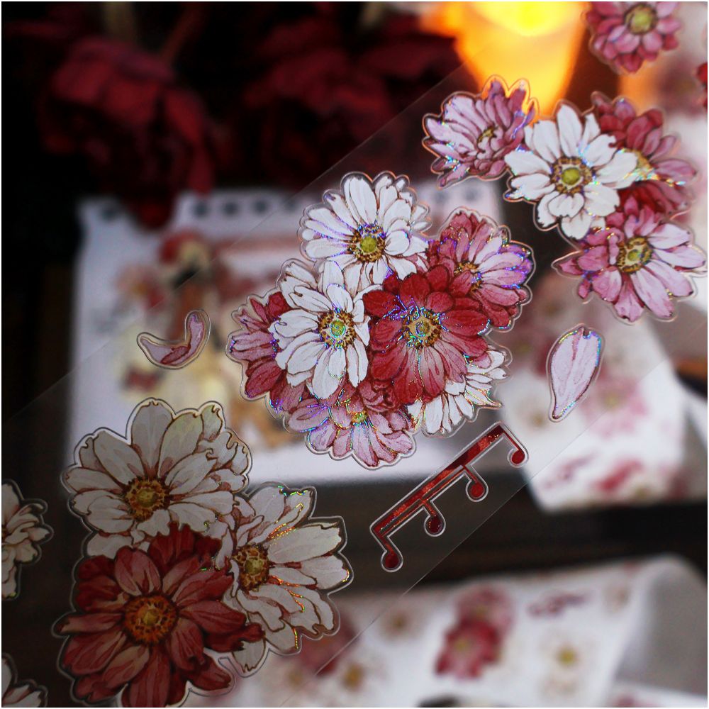 Retro pink and white flowers PET die cut 5,5cm / 1m - ViktaShop