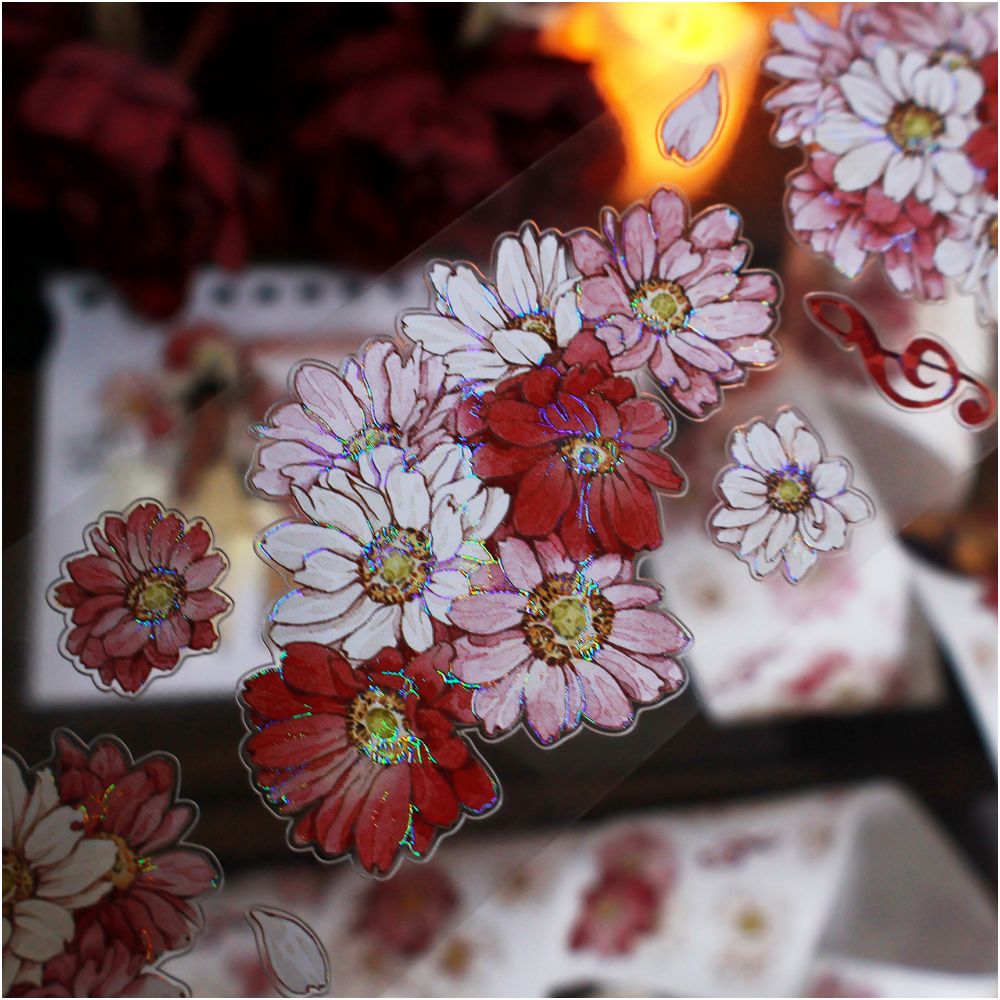 Retro pink and white flowers PET die cut 5,5cm / 1m - ViktaShop