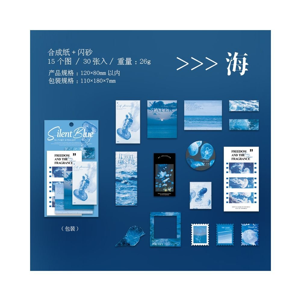 Silent Blue Series Paper Sticker 6 Styles 30 Pcs - ViktaShop