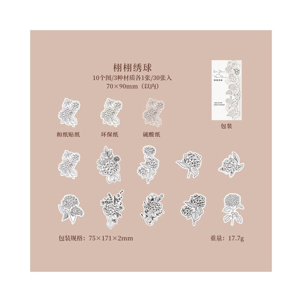 Sketch of Flowers and Plants Paper Stickers 6 Designs 30 Pcs - ViktaShop