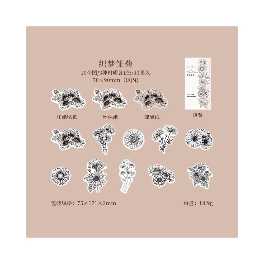 Sketch of Flowers and Plants Paper Stickers 6 Designs 30 Pcs - ViktaShop