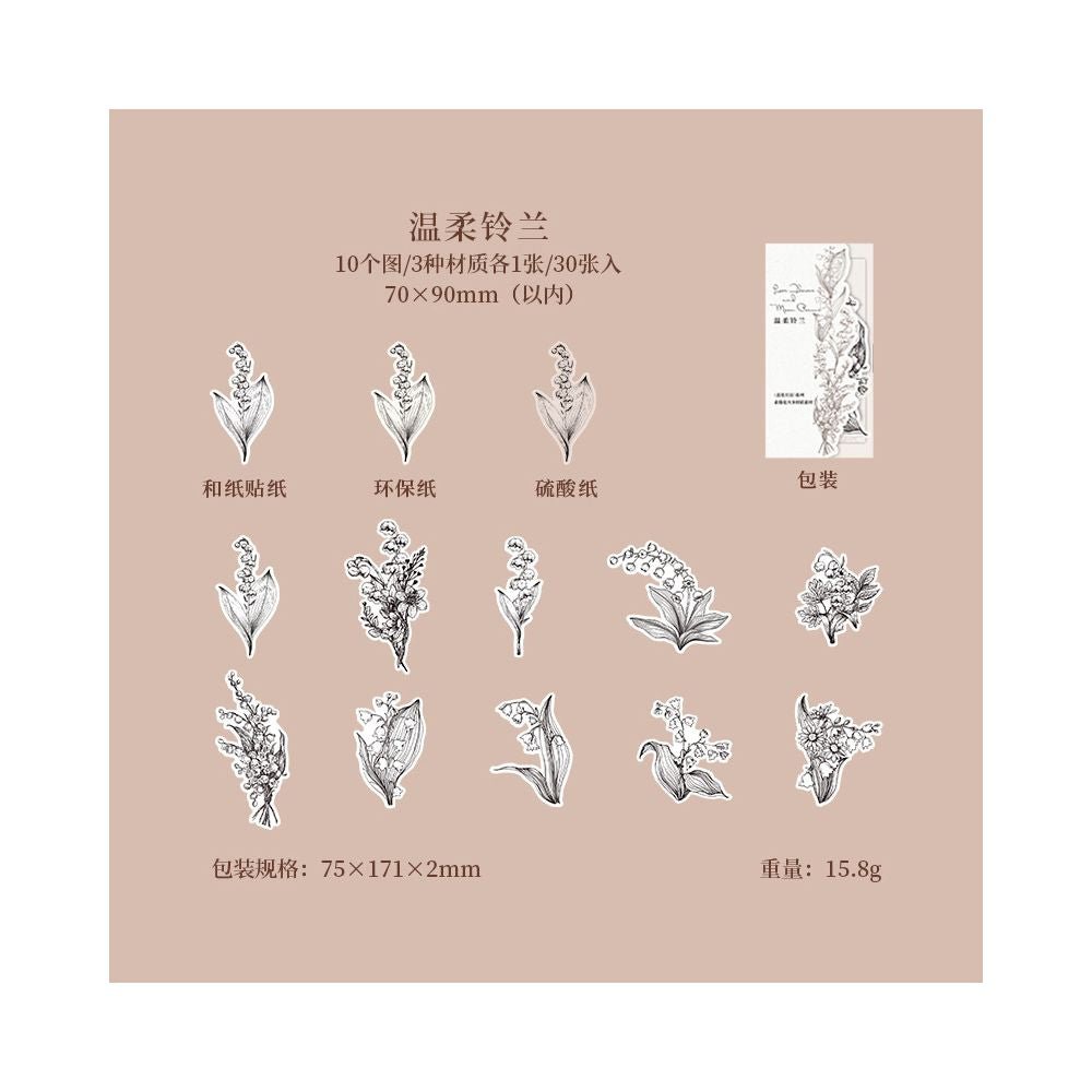 Sketch of Flowers and Plants Paper Stickers 6 Designs 30 Pcs - ViktaShop