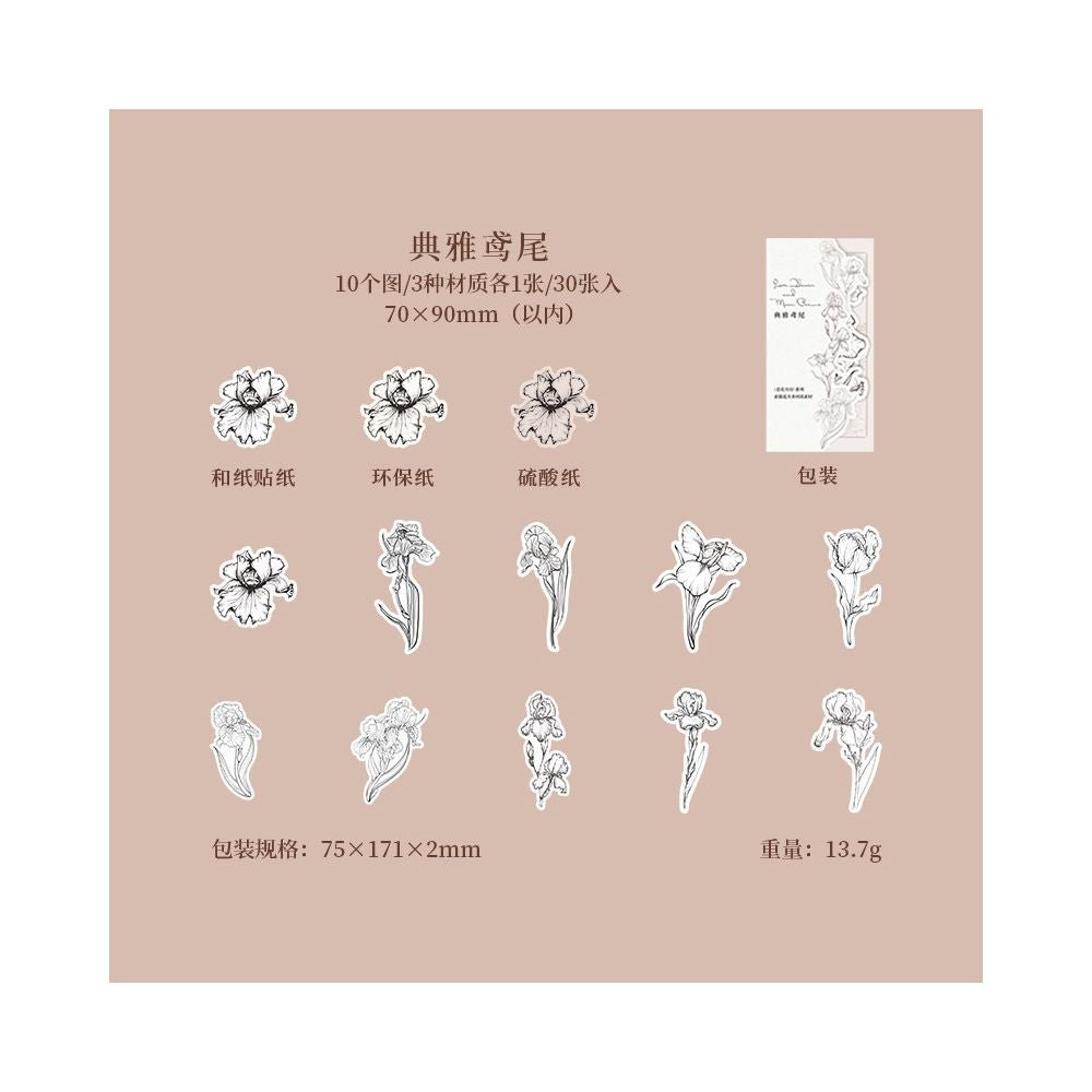 Sketch of Flowers and Plants Paper Stickers 6 Designs 30 Pcs - ViktaShop