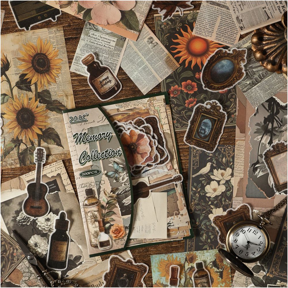 Vintage Aesthetic Series Paper And Stickers Material Pack 200 sheets 4 designs - ViktaShop