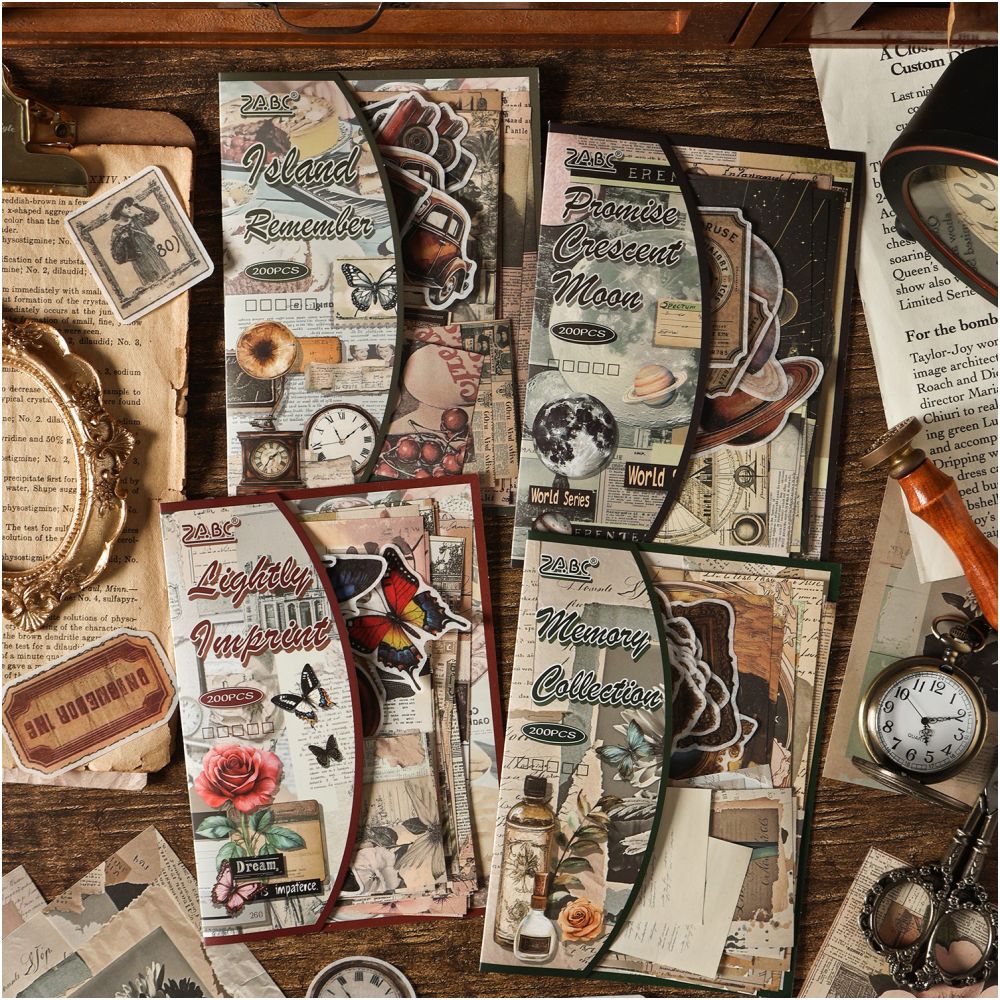 Vintage Aesthetic Series Paper And Stickers Material Pack 200 sheets 4 designs - ViktaShop