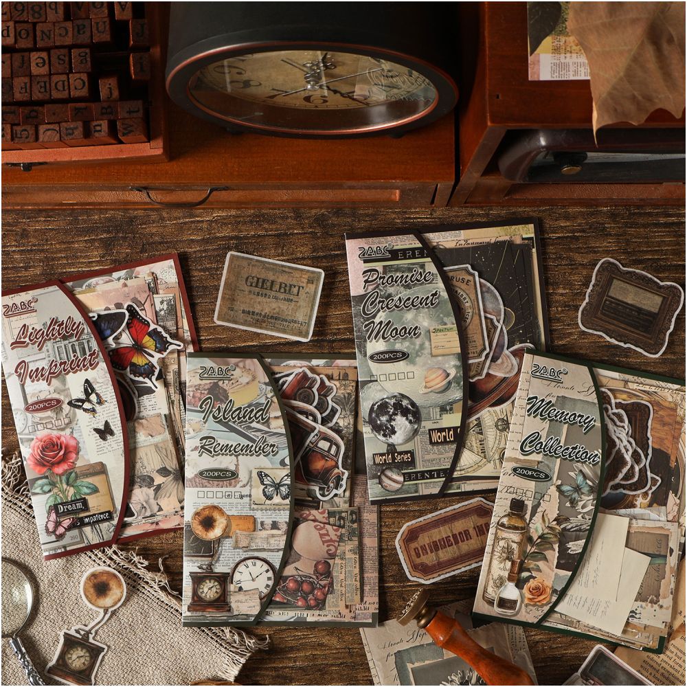 Vintage Aesthetic Series Paper And Stickers Material Pack 200 sheets 4 designs - ViktaShop