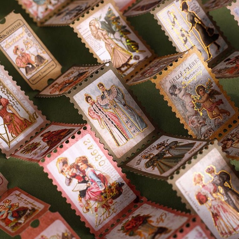 Vintage themed gold stamped long paper stickers 4 Designs 20 Pcs - ViktaShop