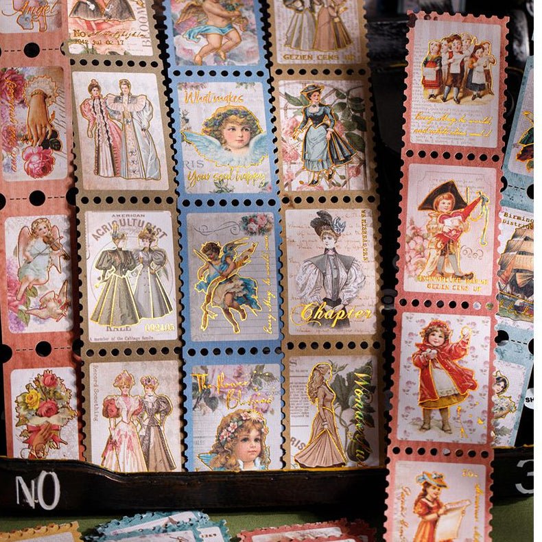 Vintage themed gold stamped long paper stickers 4 Designs 20 Pcs - ViktaShop