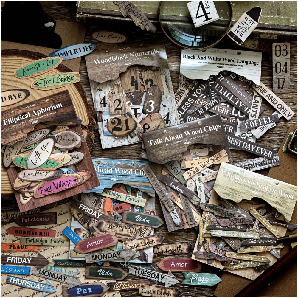 Wooden Language Series Paper Stickers 50 Sheets 6 Designs - ViktaShop